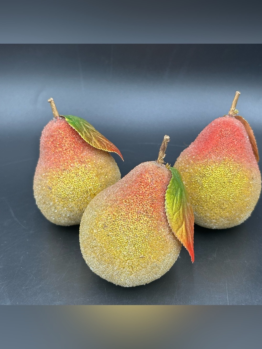 Vintage Sugar Beaded Faux Pears Set of 3 Life Size Fruit Bowl Display Decor